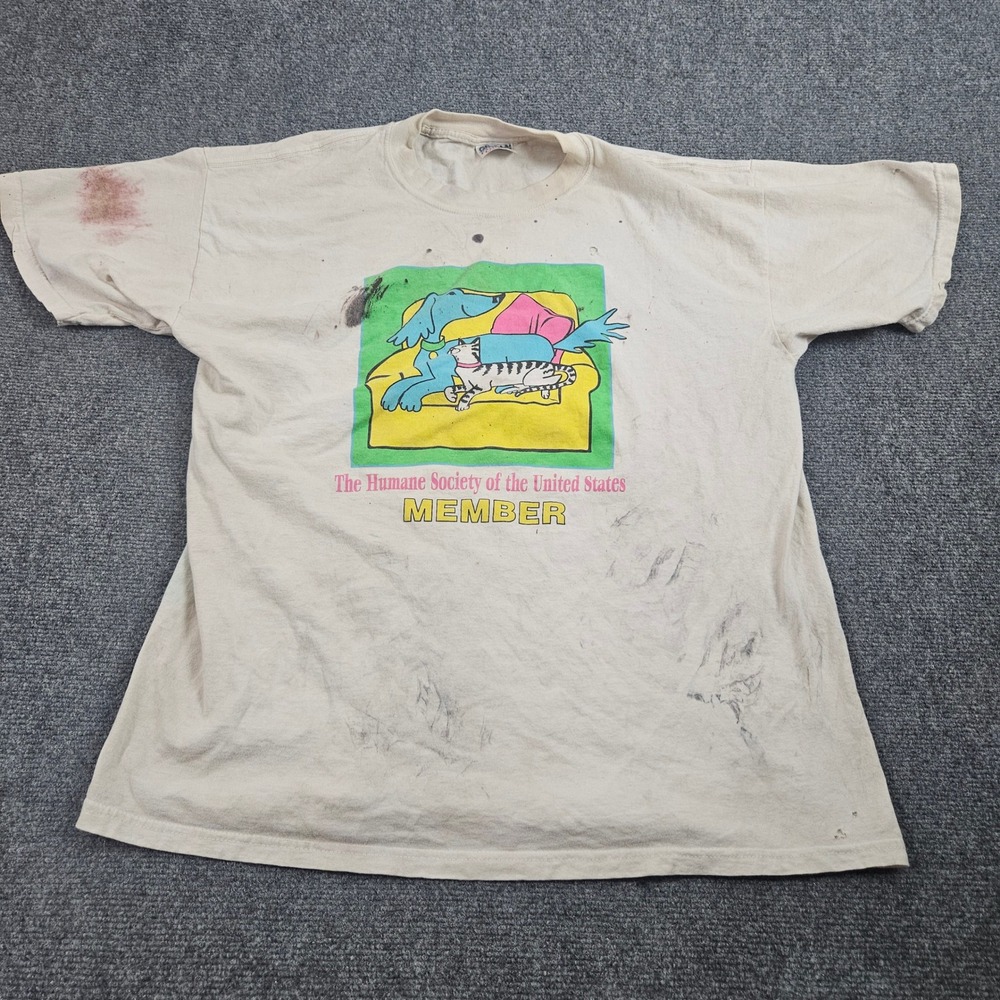 Vintage Humane Society Member Graphic Tshirt Mens L White Distressed Grunge